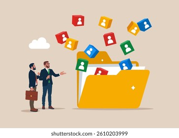 Business team looking on folder with employees or investors out of row of cubes. The recruiter selects the team. Online employee recruitment. Flat vector illustration