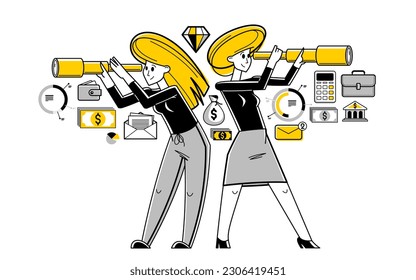 Business team looking for opportunities vector outline illustration, teamwork entrepreneurs are searching for benefit in telescope, future strategy for commerce.
