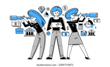 Business team looking for opportunities vector outline illustration, teamwork entrepreneurs are searching for benefit in telescope, future strategy for commerce.