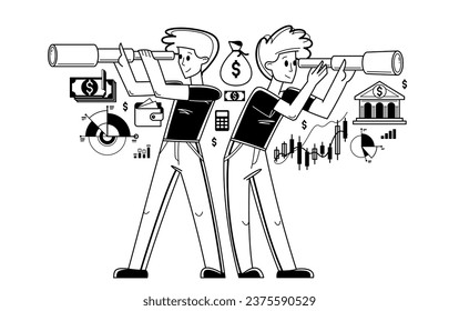 Equipo de negocios que busca oportunidades de ilustración de esquema vectorial, emprendedores de trabajo en equipo están buscando beneficios en telescopio, estrategia futura para el comercio.