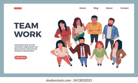Business team looking up. Teamwork landing page. People reaction or attention. Office staff stand together. Men and women group. Workers cooperation. Website template. Vector background