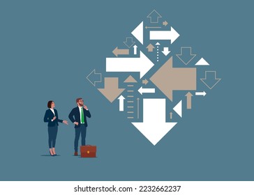 Business team looks at arrows pointing to many directions. Right direction. Flat vector illustration.