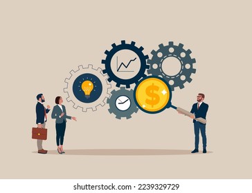 Business team with magnifier dollar money from cog gear production. Optimize cost and expense for better profit strategy. Vector illustration