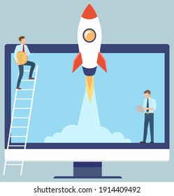 Business team make new project standing near laptop, start up concept. Rocket takes off into sky. Businessman on ladder with coin develops business idea. Innovative successful way in entrepreneurship