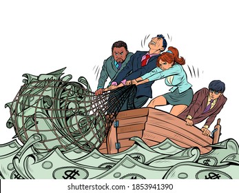 The business team makes a financial profit, like fishermen catching money in a net. White and black people, man and woman. Pop art retro illustration kitsch vintage 50s 60s style