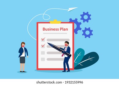 Business team making checklist a business plan list on the clipboard while wearing face mask