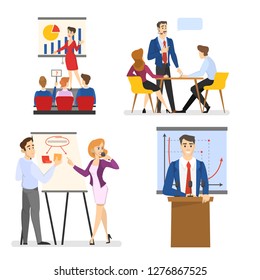 Business team making presentation in front of group of people set. Presenting business plan on seminar. Vector illustration in cartoon style