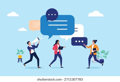 Equipe de negócios com um homem usando megafone e mulheres com laptops discutindo uma estratégia de marketing e mídias sociais com grandes bolhas de bate-papo e de fala, ilustração de vetor de design plano