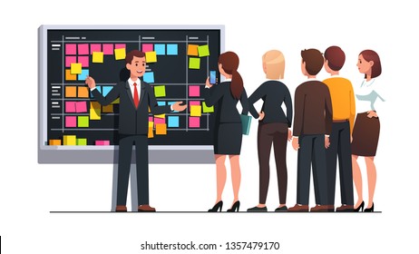 Business team man and woman planning work together discussing project schedule and managing tasks on SCRUM black board. Planner meeting teamwork and brainstorming. Flat vector character illustration 