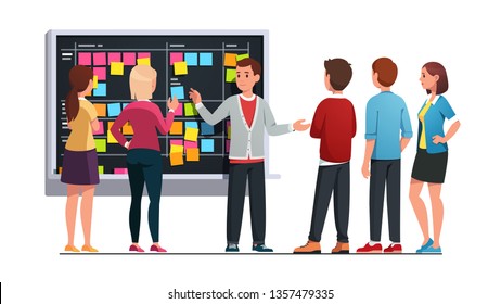 Business team man and woman planning work together discussing project schedule and managing tasks on SCRUM black board. Planner meeting breifing. Flat vector character illustration 