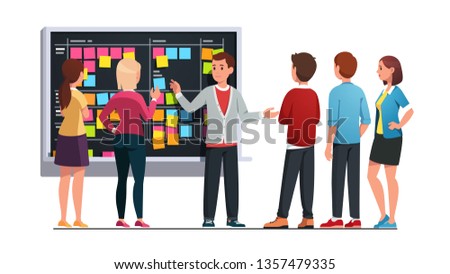 Business team man and woman planning work together discussing project schedule and managing tasks on SCRUM black board. Planner meeting breifing. Flat vector character illustration 