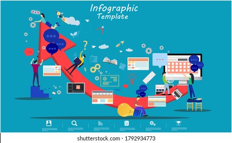 Business team Man and woman think analyze creative work  with hoist up arrow,flat design illustration Creativity modern Idea and Concept Vector Infographic template.