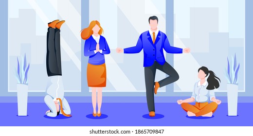 Business team managers have 5-minute break, do yoga in office. Women and men meditating in modern cabinet. Vector illustration. Concept for team building, healthy lifestyle, relaxation time at work