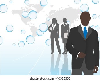 Business team with map and bubbles - layered