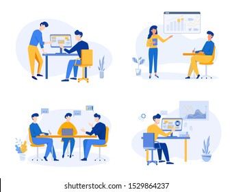 Business Team meeting, analysis, discussion concept, partnership, content strategy. Business concept of vector illustration