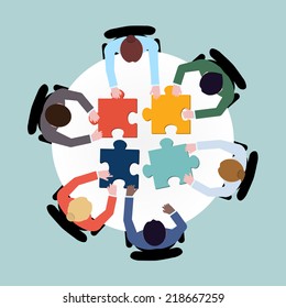 Business team meeting brainstorming concept top view group people on table with puzzle vector illustration