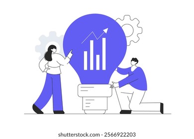 Business team meeting, brainstorming and creative process and concept with two characters hold lightbulb with gear beside. Flat Cartoon Vector Illustration, icon. Stylish abstract Blue 