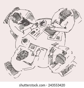 Business team meeting concept, top view, people on round table, sketch vector illustration