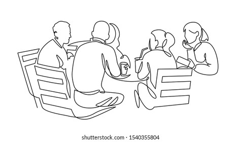 Business team meeting continuous line drawing. Friends in cafe contour vector illustration. Coworkers discussing business development. Coworking, cooperation minimalistic art. Colleagues communication
