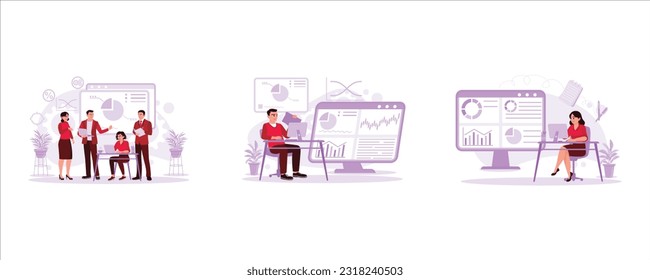 Business team meeting and discussing the progress of the business project. Accountant analyzes documents and charts. Young financial analyst sitting in the office and analyzing rising graphs and chart