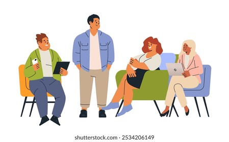 Business team meeting diverse colleagues discussing projects in modern office setting colorful chairs laptops casual attire