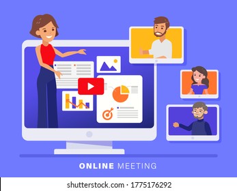 Business team meeting held via a video conference call. Flat design style online meeting concept illustration. Online webinar, Work form home.