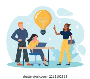 Business team meeting. Man and woman near big lamp, brainstorming and creativity. Idea and insight, teamwork and partnership. Colleagues and partners in office. Cartoon flat vector illustration