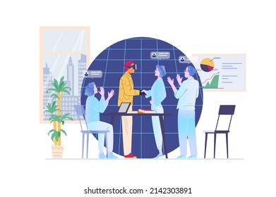 Business team meeting in metaverse flat vector illustration. Man in VR headset shaking hand with hollogramic woman. Modern technologies in business concept.