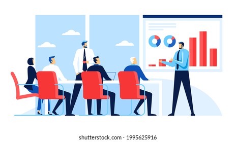 Business team meeting. Office workers discussing business strategy. Presentation conference, brainstorming, training vector concept. Teamwork or colleagues collaboration, conversation