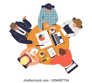 Business Team Meeting At Round Table: Group Of Businesspeople Working And Brainstorming Sitting At Table Together, Top Angle View. Teamwork And Cooperation Concept. Flat Vector Illustration