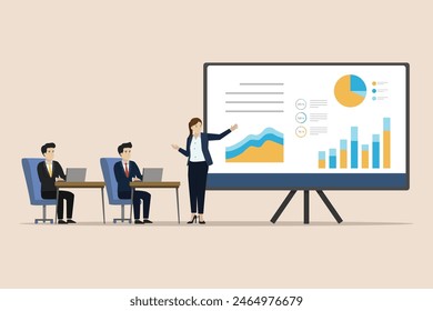 Reunión del equipo de negocios y colaboración de la formación con los datos de la infografía de la presentación de la gente de negocios en el concepto del tablero de la pantalla del proyector, reunión para conducir al éxito del negocio.