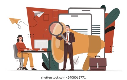 Business team with megaphone. Man and woman at workplace. Scene from office. Entrepreneurs with documents. Colleagues and partners work at project. Cartoon flat vector illustration