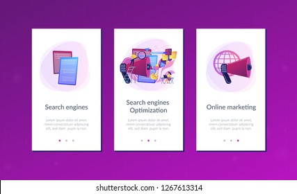 Business team with megaphone and media icons work on search engines optimization. Online marketing, seo tools concept on white background. Mobile UI UX GUI template, app interface wireframe