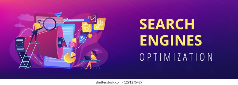Business team with megaphone and media icons work on search engines optimization. Online marketing, seo tools concept on white background. Header or footer banner template with copy space.