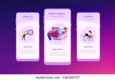 Business team with megaphone and media icons work on search engines optimization. Online marketing, seo tools concept on white background. Mobile UI UX GUI template, app interface wireframe