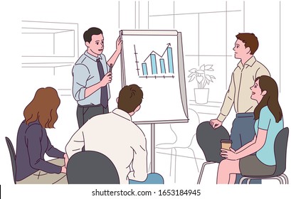 Business team members are gathered in office and have a meeting. A man is showing a graph and giving a presentation. hand drawn style vector design illustrations. 