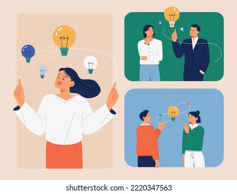 Business team members are having a conversation. Light bulbs float around them. flat vector illustration.