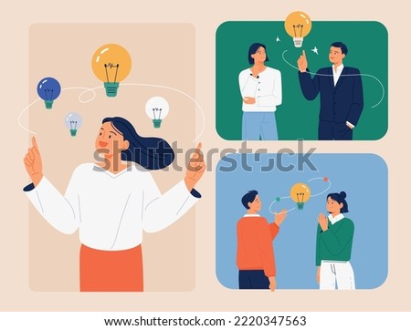 Business team members are having a conversation. Light bulbs float around them. flat vector illustration.