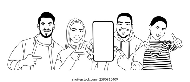 Business team members holding big phone, pointing to the empty screen. Digital marketing and ads concept. Mobile app phone mockup. Sketch style hand dawn vector illustration on white background