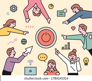 Business team members are pointing the power button in the middle. flat design style minimal vector illustration.