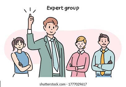 Business team members are posing confidently. hand drawn style vector design illustrations. 