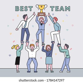 Business team members are raising the winning trophy. flat design style minimal vector illustration.