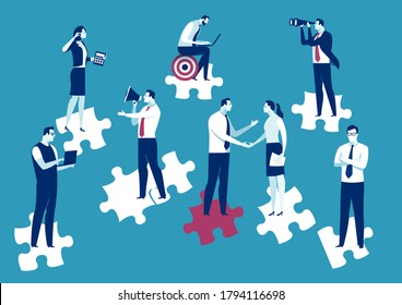 Business Team. Team members stand on jigsaw puzzles. Business illustration.