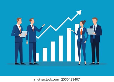 Business team members standing by a graph, collaborating on strategies based on the presented data flat vector illustration