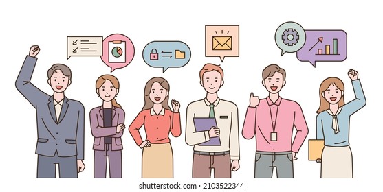 Business team members are standing and confident faces  Business icons are floating above their heads  flat design style vector illustration 