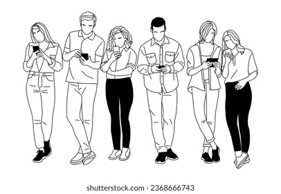 Business team members standing.  with phones. Set of different men and women characters using gadgets. Modern vector simple outline stylized illustration Isolated on white background.