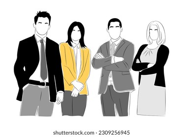 Business team members standing together. Business men, women in formal office outfit. Line art, linear, outline, thin line design simple illustration isolated on white background