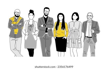 Business team members standing together. Different business men and women working and supporting each other. Team work concept. Modern vector simple outline illustration isolated on white background