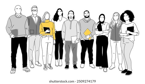 Business team members standing together. Business men, women in formal outfits taking part in business activities. Vector colored line art illustration isolated on white background.