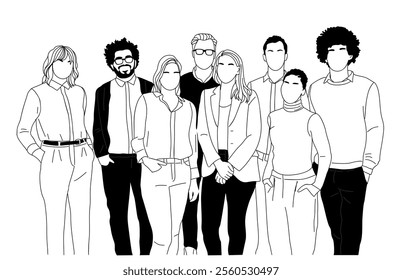 Business team members standing together. Business men, women in smart casual outfits taking part in business activities. Vector sketch line art illustration isolated on white background.